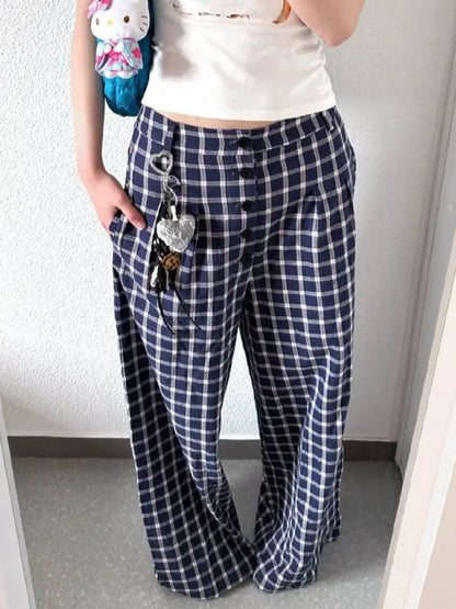 vzyzv  -  Harajuku Plaid Women Pants Low Waist Korean Style Trousers Vintage Casual Wide Leg Checked Pants Baggy Retro Fashion