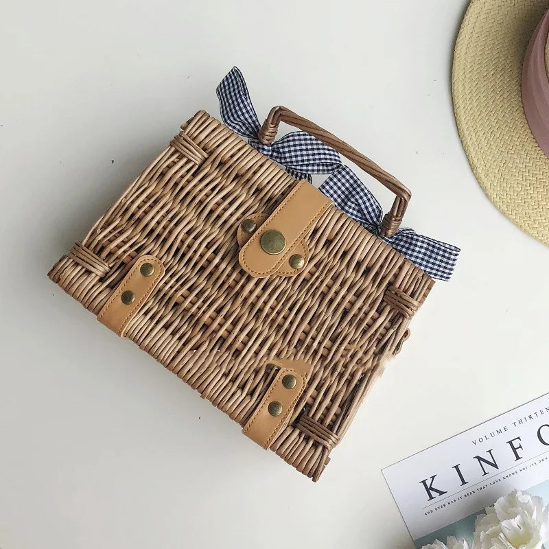 vzyzv -  New Handmade Bohemian Women's Handbags Summer Straw Beach Bag Square Rattan Bow Female Bags Fashion Designer Shopper Purse