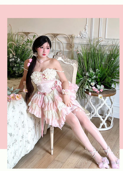 vzyzv -  Fairy Spring and Summer Lace Romantic Atmosphere Slimming Dress Pink Apricot Ruffled Tube Top Mini Princess Dresses for Party