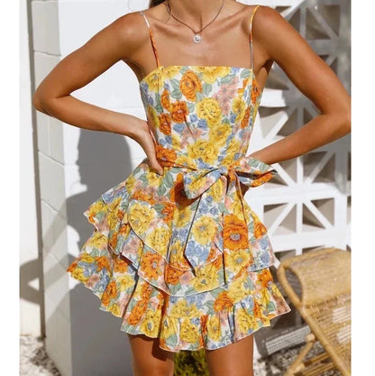 vzyzv -  Floral Printed Boho Mini Dress Bow Tie Backless Summer Women Party Dress Ruffles Holiday Sexy Ladies Dress Vestidos