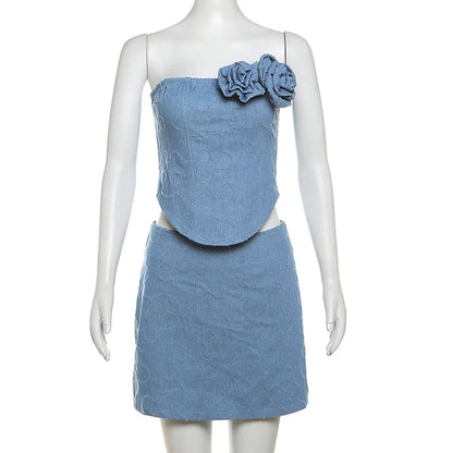 vzyzv  -  Lmitation Denim Skirts Set Sexy Backless Tie Flowers Strapless Asymmetrical Top High Waist Zipper Wrapped Hip Skirt