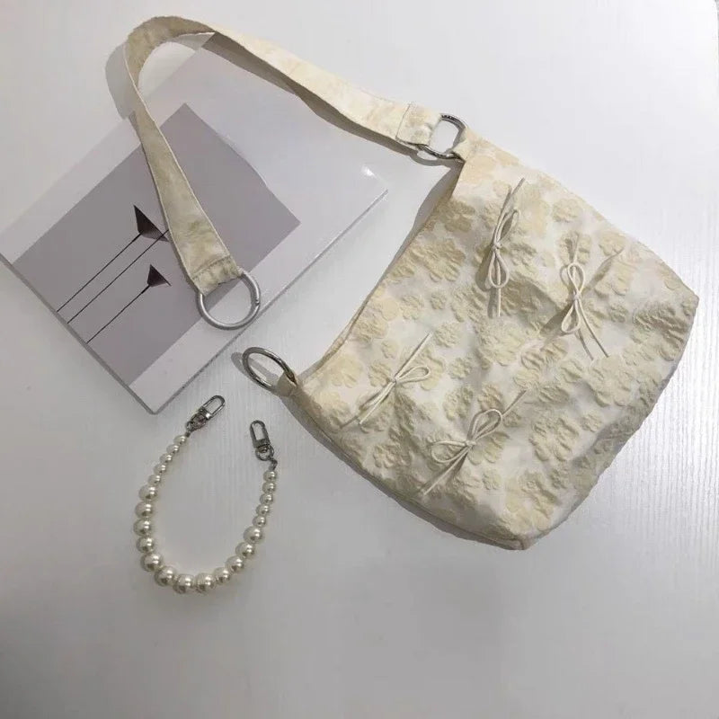 vzyzv  -  Luxury Design Fairy Jacquard Bow Handbags Sweet Fashion Pearl Chain Underarm Bag Elegant Y2k Aesthetic Shoulder Bags Women Chic