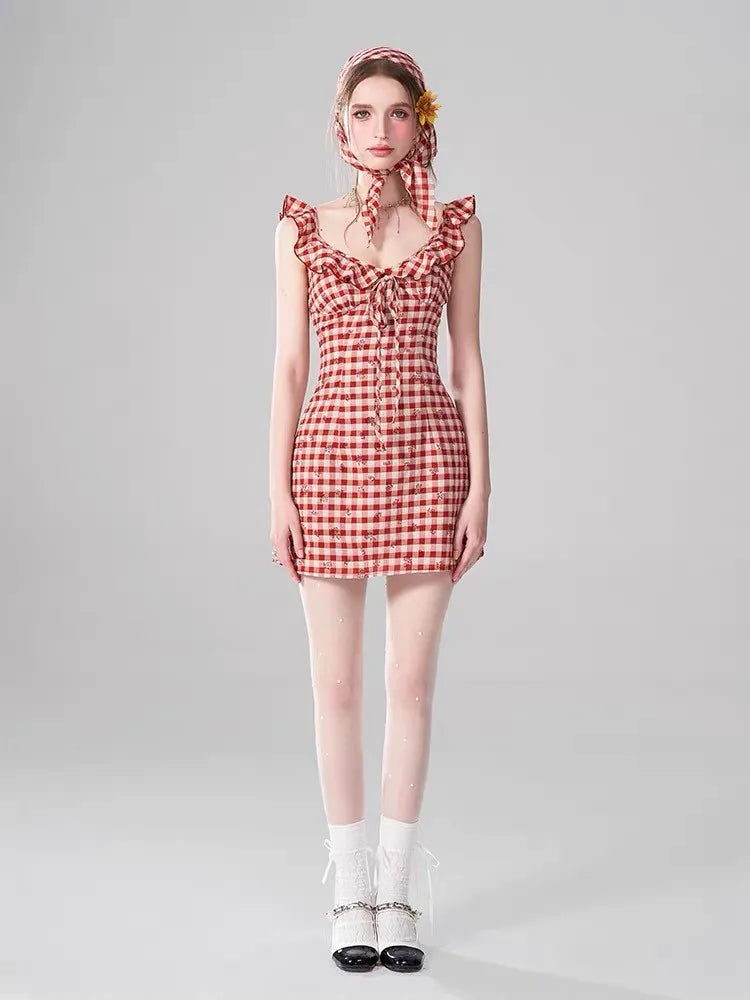 nvxiot  -  Classic Red Plaid Dress For Women's Summer Design, With Small Flying Sleeves And Rose Suspender Mini Skirt