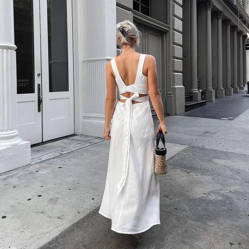 vzyzv  -  Summer White Elegant Midi Dress Women  New Chic Sleeveless Waist Hollow Out Long Dresses Streetwear Fashion Lace-up Vestidos