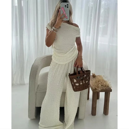 vzyzv  -  Summer Autumn Elegant Casual 2 Piece Set Women One Shoulder Sleeveless Irregular Tops Loose Pants Vacation Beach Streetwear