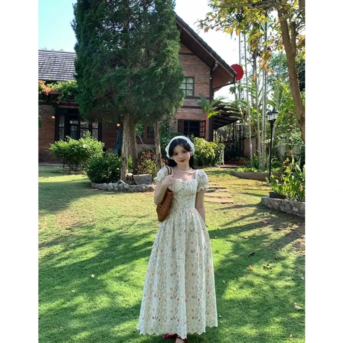 vzyzv -  French Romantic Pastoral Style Floral Dress Women Summer Sweet Embroidered Square Collar Bubble Sleeve A- Line Long Dress