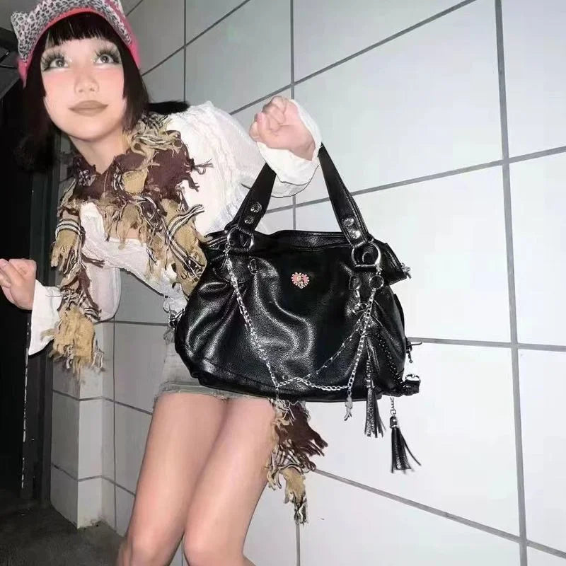 vzyzv  -  Black Gothic High Capacity Y2k Grunge Handbag Women Dark Aesthetic Designer White Harajuku Korean Casual Vintage Shoulder Bag