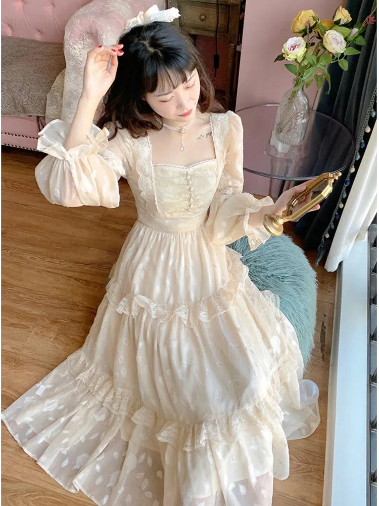 vzyzv  -  Vintage Fairy Dress Women Sweet Ruffles High Waist Elegant Princess Dress Female Spring Casual Classy Party Dress New Dress