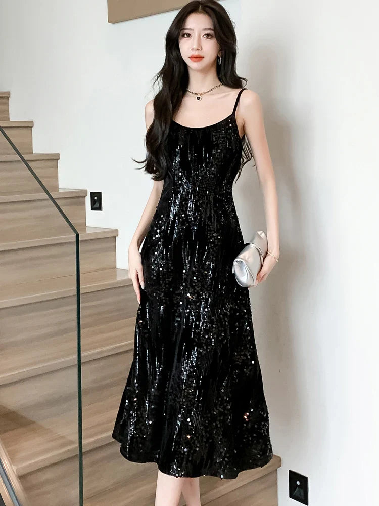 nvxiot  -  Female Velvet Sequins Luxury Sling Long Dress 2024 Korean Elegant Chic Dance Party Dress Autumn Winter Vintage Bodycon Vestidos