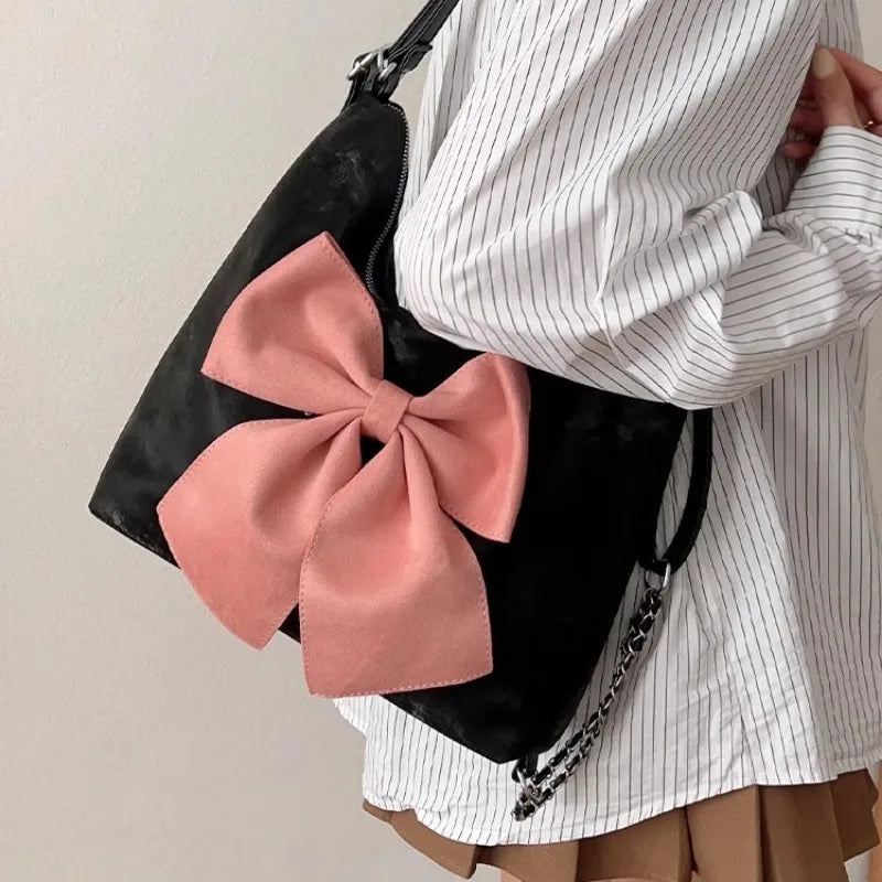 vzyzv  -  Pink Bow Womens Shoulder Bag Korean Style Fashion Large Capacity Sweet Backpack Cute Exquisite Elegant New Female Tote Bag