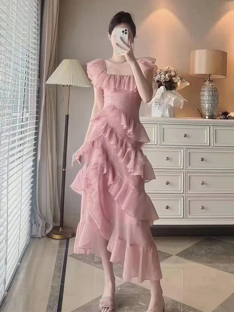 nvxiot  -  Fairy Style Dress 2024 Summer New Patchwork Pleated Ruffle Edge Long Skirt For Women Irregular Square Neck A-Line Chiffon Dress