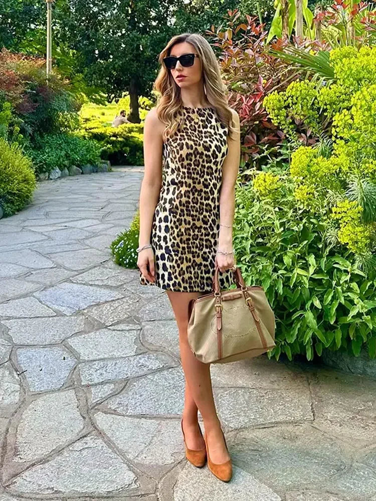 vzyzv -  Fashion Leopard Print Mini Slim Dresses For Women Sexy O-neck Sleeveless A-line High Waist Dress 2024 Summer High Streetwear