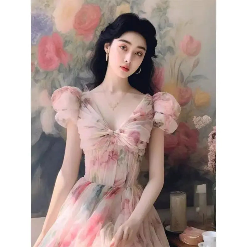 vzyzv -  High end French Hepburn Style Unique Pink Flower Long Dress Summer Sweet Bubble Sleeve Waist Slimming Vintage Dress for Women