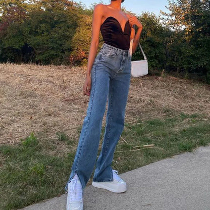 TAVIMART  -   Y2k Retro High Waist Jeans Women Casual Sexy Chic Fitting Split Feet Hem Trousers Fashion Solid Color Straight Pants Pantalones