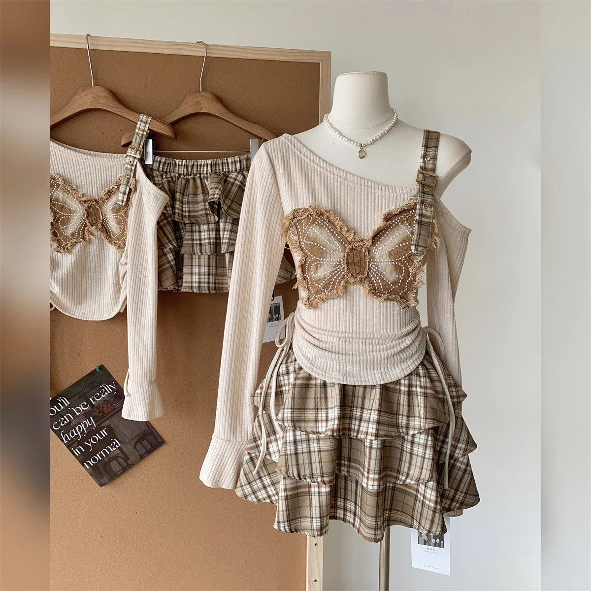 vzyzv  -  Autumn Winter Japanese Gyaru Cute Goblin Core Y2k JK Preppy Korean Women Outfits 2 Piece Set Long Sleeve Top + Mini Plaid Skirt