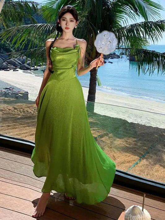 TAVIMART  -  Green Sleeveless Sexy Club Vacation Elegant Pleated Halter Bandage Long Dress 2024 New Fashion Evening Party Dress Women Summer