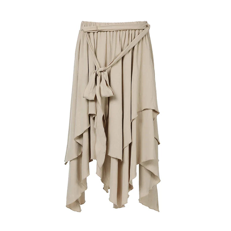 vzyzv  -  Grunge Style Asymmetrical Long Skirt Women Vintage Khaki Elastic Waist Lace-up A-line Skirt Loose Fit Korean Fashion