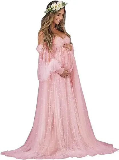 nvxiot  -  Ivory Bridal Pearls Maternity Dress for Photography Long Sleeve Pregnant Photoshoot Robe Photo Shoot Dresses Women Baby Shower