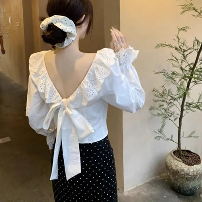 nvxiot  -  French Style Backless Long Sleeved Shirt for Women Summer Bow Short Blouse Elegant White Ruffled Top Blusas Femininas Elegantes