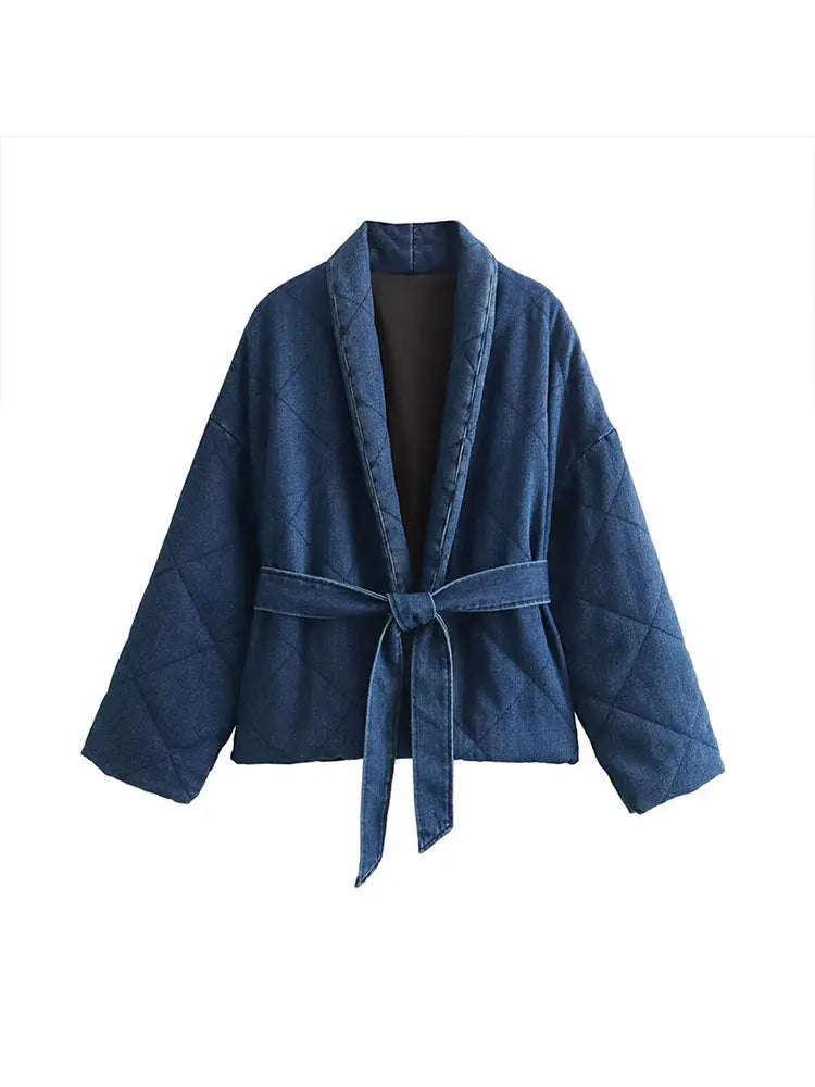 vzyzv  -  Vintage Blue Lapel Denim Quilted Jacket With Belt Women Elegant Long Sleeve Open Front Cotton Coat New Lady Chic Warm Streetwear