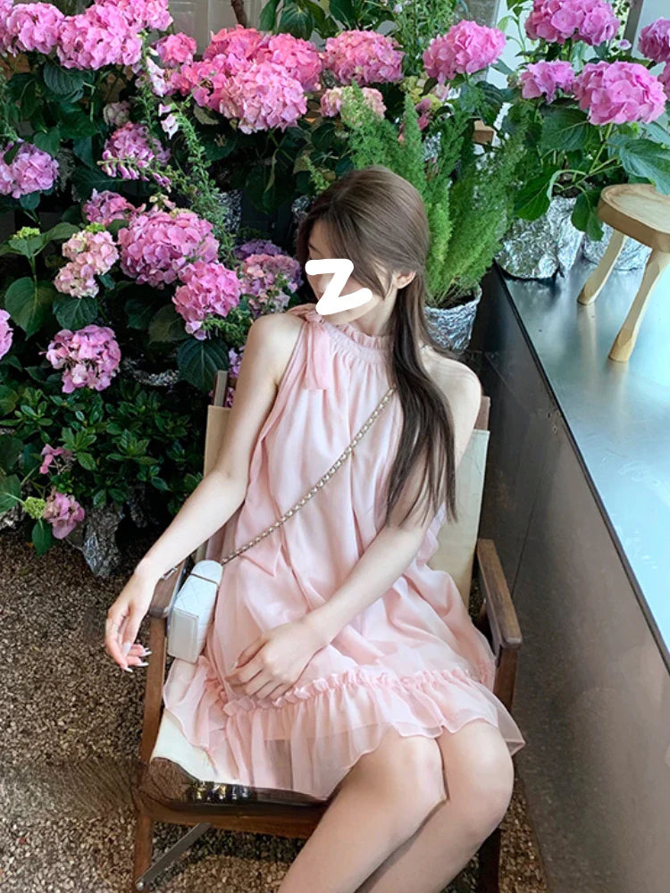 vzyzv  -  Sweet Pink Y2k Mini Dress Party Women Casual Sleeveless Elegant Dress Korean Style Fashion Pure Color Dress Female  Summer