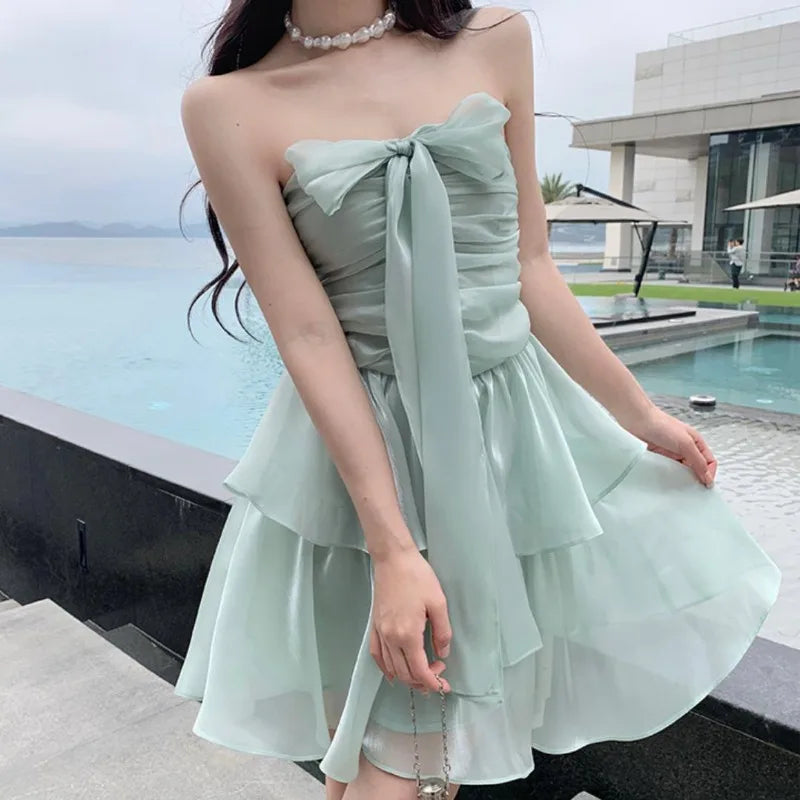 nvxiot  -   Summer French Style Bow Tie Green Dress Sexy Strapless Pleated Waist Slim A-line Cake Dress Princess Glossy Ruched Mini Dresses