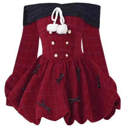 vzyzv  -  Y2K Christmas Red Elegant Party Dress Women Casual Sweet Plaid Bow Dresses Female Korean Fashion Chic Kawaii Mini Dress