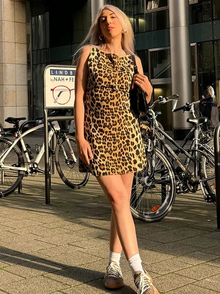 vzyzv -  Fashion Leopard Print Mini Slim Dresses For Women Sexy O-neck Sleeveless A-line High Waist Dress  Summer High Streetwear