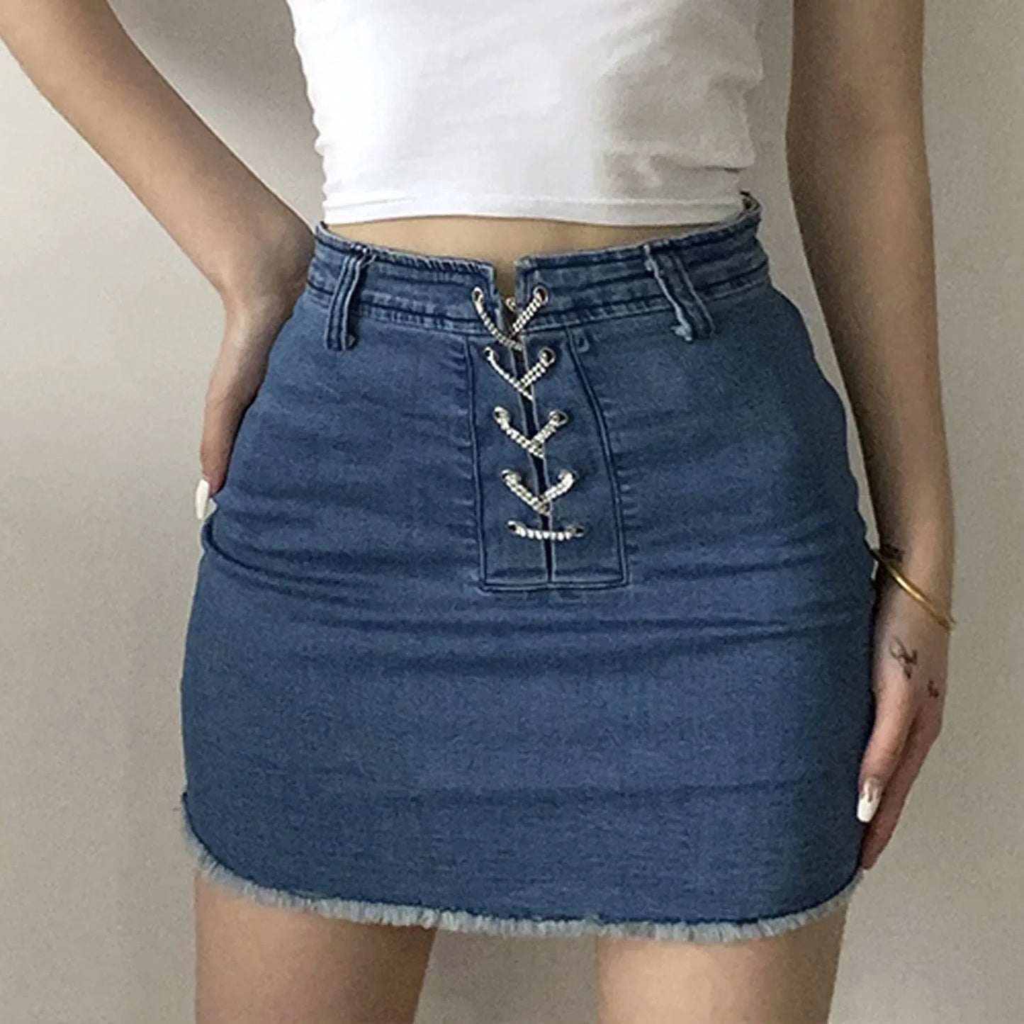 nvxiot  -  2024 Fashion Women's Sexy Chain Strap Lace-Up High Waist Bag Hip Stretch Bodycon Party Club Denim Mini Skirt Faldas Femininas