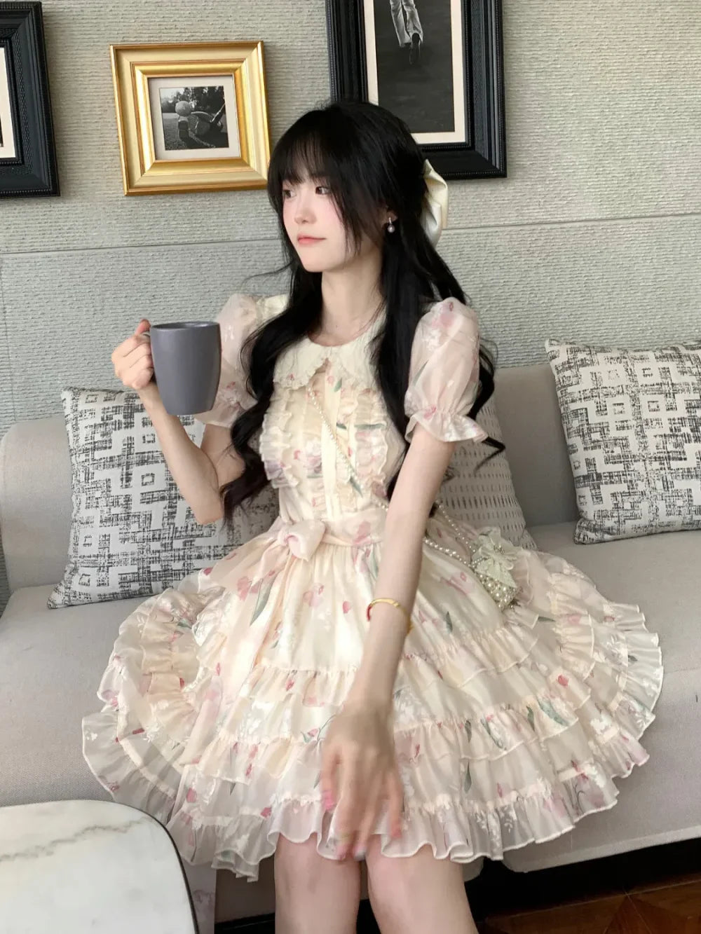 vzyzv  -  Sweet Elegant Lolita Mini Dress Women Summer Short Puff Sleeve Dollr Collar Fairy Dress Girls Y2k Korean Floral Dresses