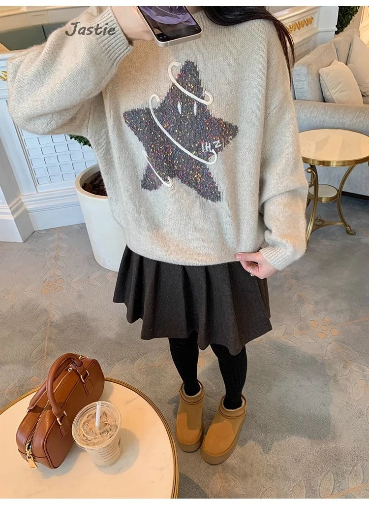 vzyzv  -  Creative Star Jacquard Cute Christmas Sweater 2025 New Round Neck Fashion Women Winter Pullover Top