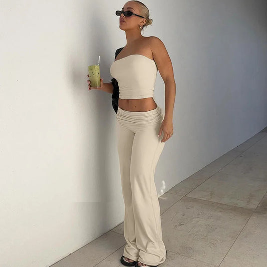 vzyzv  -  Simple Casual Solid Slim Fit Trousers Set Sexy Spic Girl Backless Strapless Top High Waist Flared Pants Fashion Suit