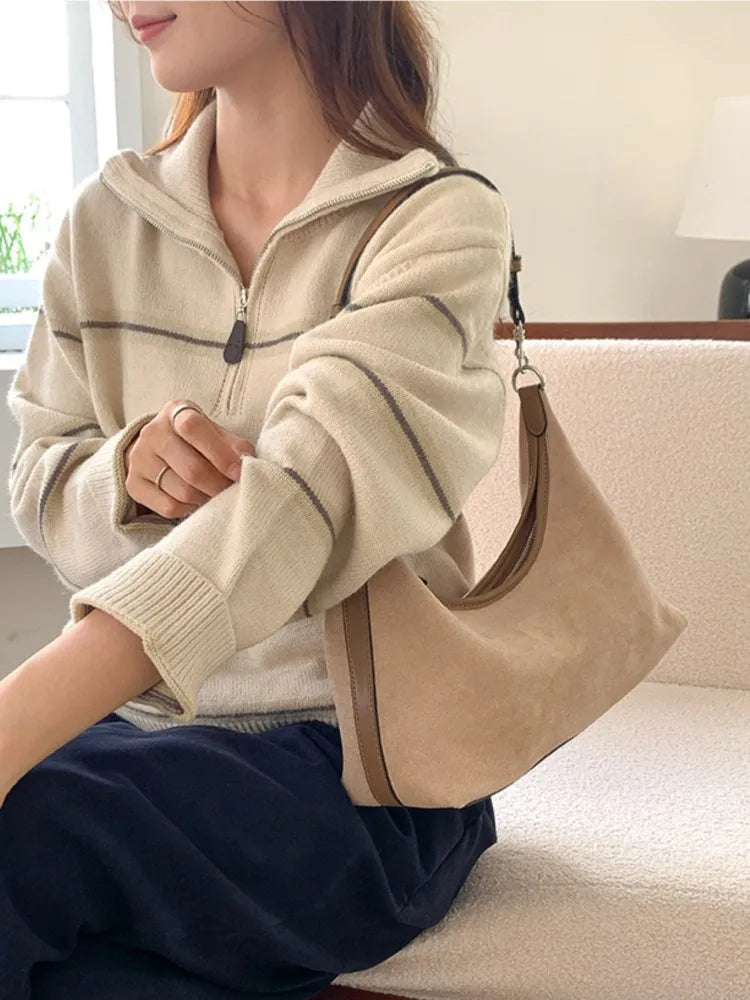 vzyzv  -  Fashion Retro Suede Shoulder Bags Women New Korean Version Patchwork Small Underarm Bag Hgh-quality Trend Simple Handbags