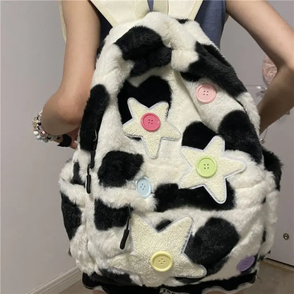 vzyzv  -  Korean Niche Design Preppy Star Patchwork Plush Student Schoolbag Y2k Cow Pattern Sweet Girl Backpack Travel Mochilas Para Mujer