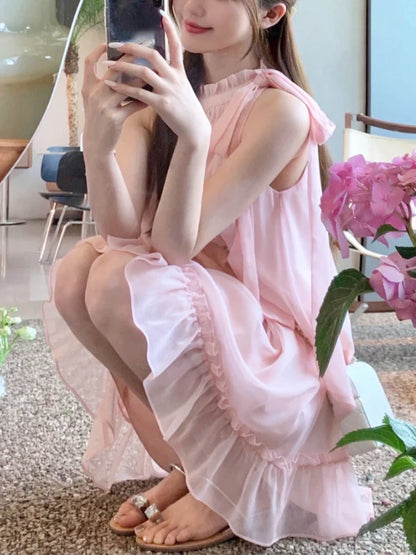 vzyzv  -  Sweet Pink Y2k Mini Dress Party Women Casual Sleeveless Elegant Dress Korean Style Fashion Pure Color Dress Female  Summer