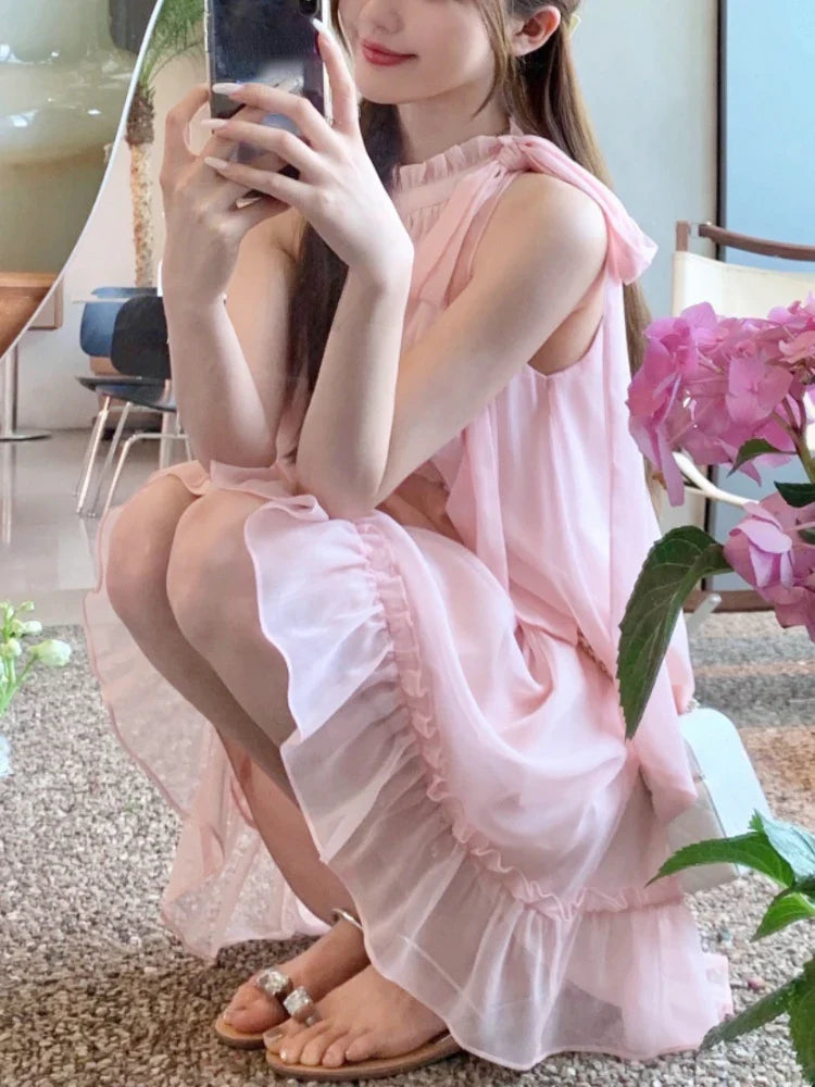 vzyzv  -  Sweet Pink Y2k Mini Dress Party Women Casual Sleeveless Elegant Dress Korean Style Fashion Pure Color Dress Female 2023 Summer