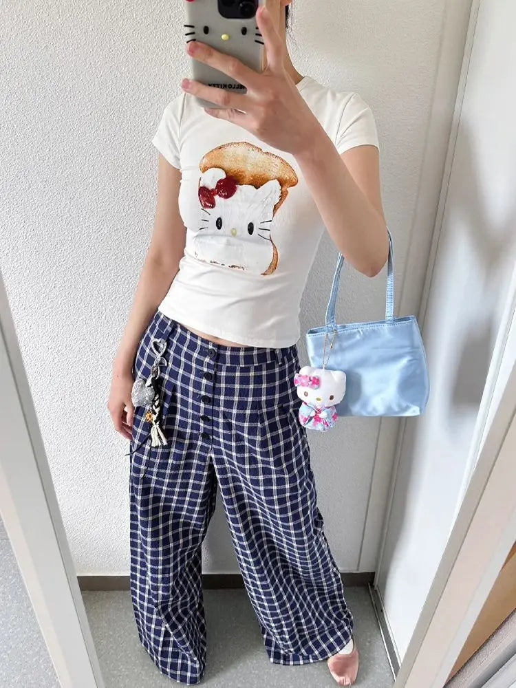 vzyzv  -  Harajuku Plaid Women Pants Low Waist Korean Style Trousers Vintage Casual Wide Leg Checked Pants Baggy Retro Fashion