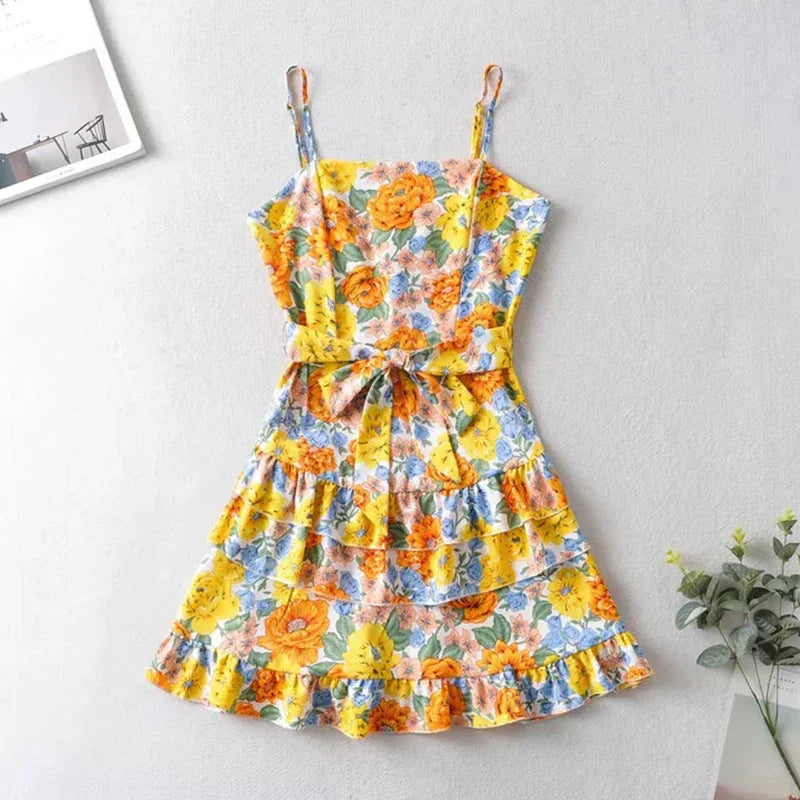 vzyzv -  Floral Printed Boho Mini Dress Bow Tie Backless Summer Women Party Dress Ruffles Holiday Sexy Ladies Dress Vestidos