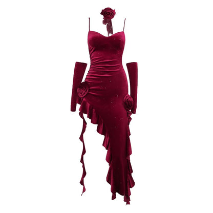 vzyzv  -  Christmas Shanshan Velvet Spaghetti Strap Ribbon Dress + Sleeve Ties, Niche Design Irregular Long Dress