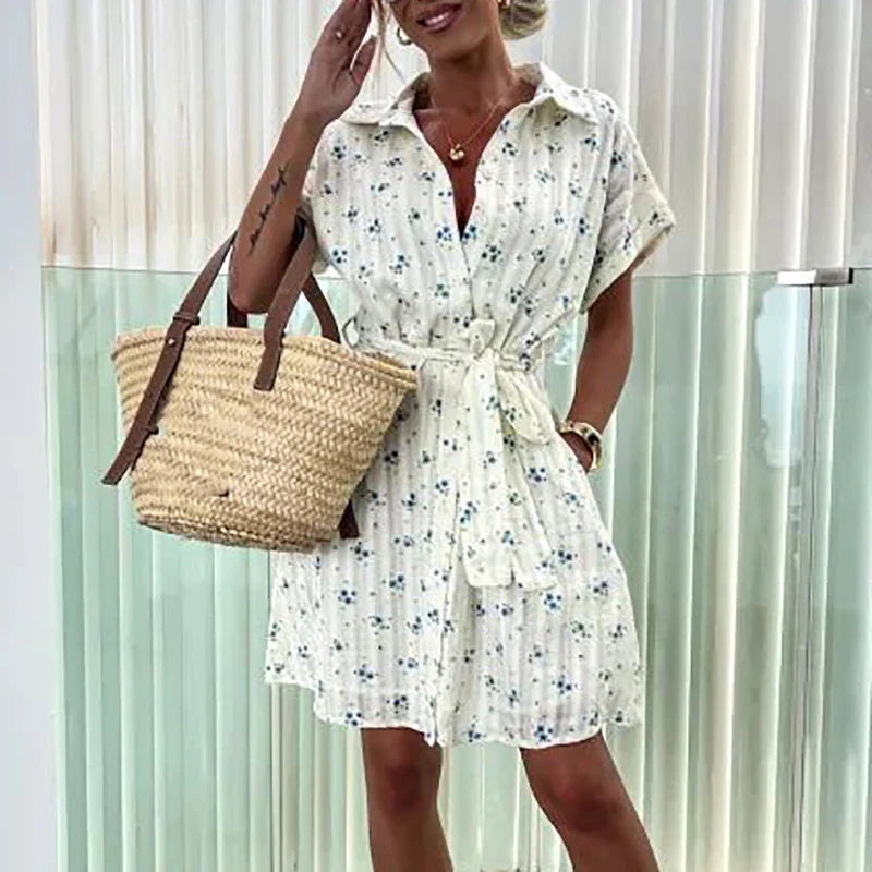 nvxiot  -  Casual Lapel Lace Up Summer Dress 2024 Fashion Short Sleeved Pocket Party Dress Office Ladies Elegant Floral Print A-line Dress