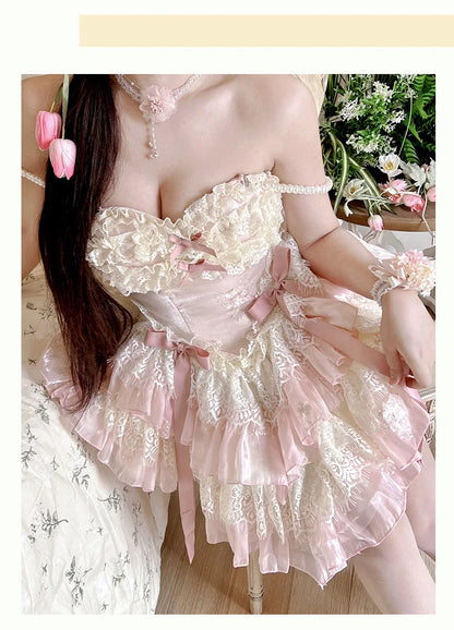 vzyzv -  Fairy Spring and Summer Lace Romantic Atmosphere Slimming Dress Pink Apricot Ruffled Tube Top Mini Princess Dresses for Party