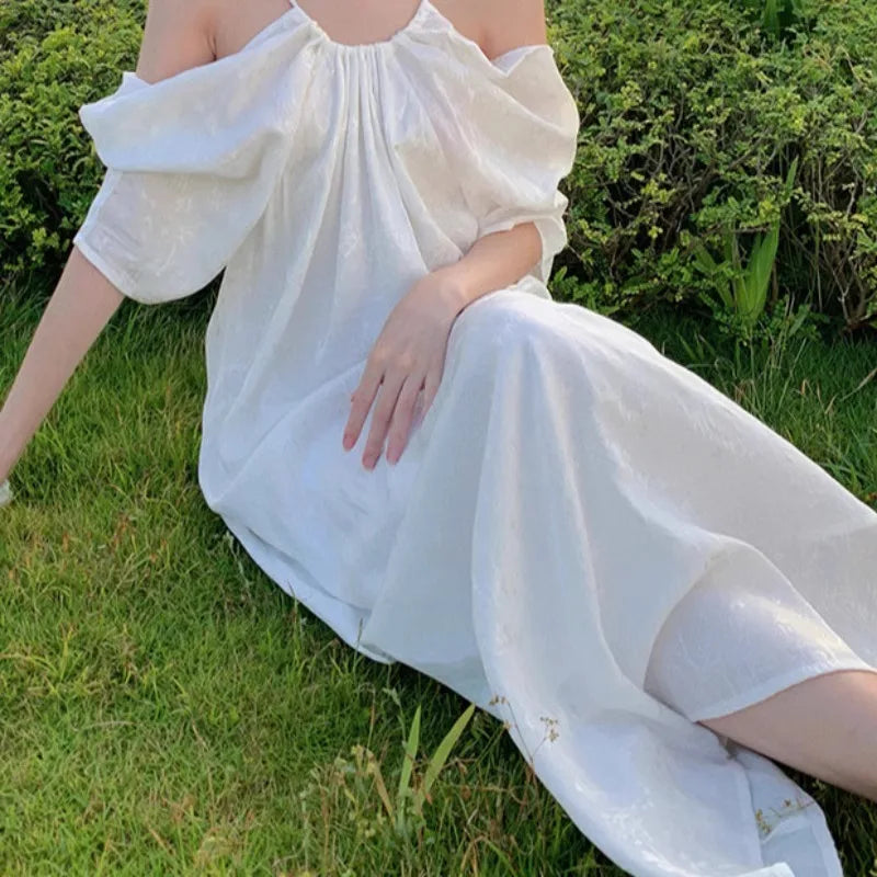 nvxiot  -  Hanging Neck Off Shoulder Dress, Women'S White Jacquard Design, Unique And Beautiful Temperament, Seaside Vacation Long Dress