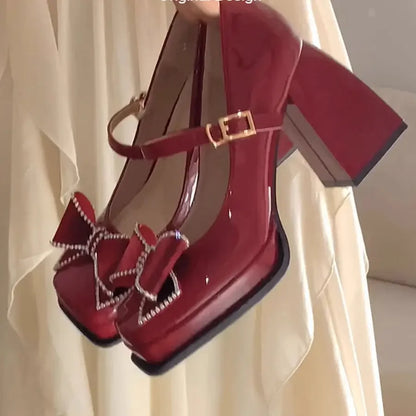 vzyzv  -  Shoes for Women Block Heel Japanese Style Lolita Woman Footwear with Bow on Heeled Chunky Heels Pumps Gothic High Claret Korean