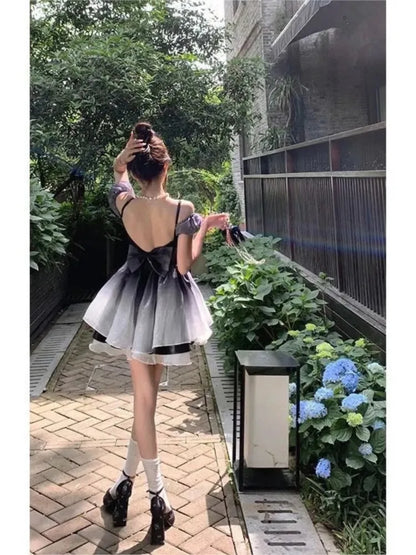 nvxiot   -  Summer Women Elegant Black Gradient A-line Tutu Party Dress Off Shoulder Patchwork Birthday Party Dress Backless Prom Dress