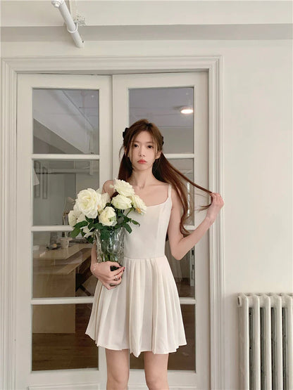 vzyzv  -  Pleaded White Dress Women A-line Summer Fashion Camisole Dress Korean Style Kawaii High Wasit Chic Vestidos 2024 Solid