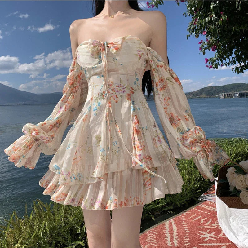 vzyzv -  Holiday Style Summer Dress Fairy Printedoff Shoulder Long Sleeved Chiffon Dress Women Beach Outfit A-line Short Mini Dress