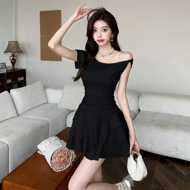 vzyzv -  Hot Girl Pure Sexy Suit Women's Summer Irregular Off Shoulder Top A-line Mini Cake Skirt Two-piece Set Fashion Female Clothes