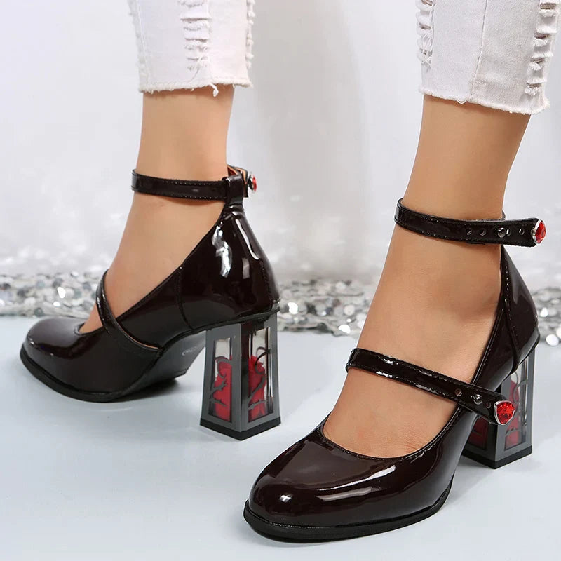 nvxiot  -  Lucyever Gothic Rose High Heels Pumps Women 2024 Fashion Patent Leather Mary Jane Shoes Woman Ankle Strap Cosplay Lolita Shoes