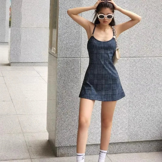 vzyzv  -  Retro Plaid U-Neck Button Strap Dress For Women's Summer Spicy Girl Slim Fit And Unique Short A-Line Skirt