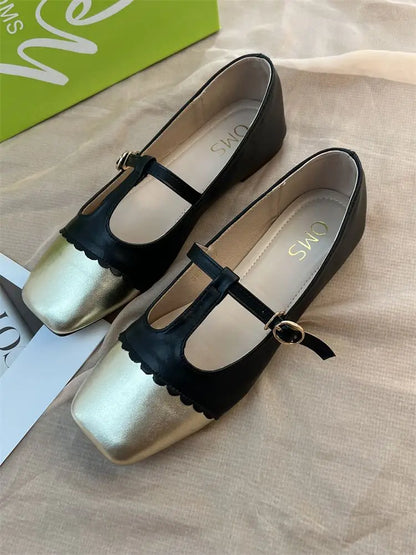 vzyzv  -  T-strap Mary Janes Shoes for Women Pu Leather Ptachwork Elegant Flats Shoes Spring Autumn Square Toe Loafers Female Shoes